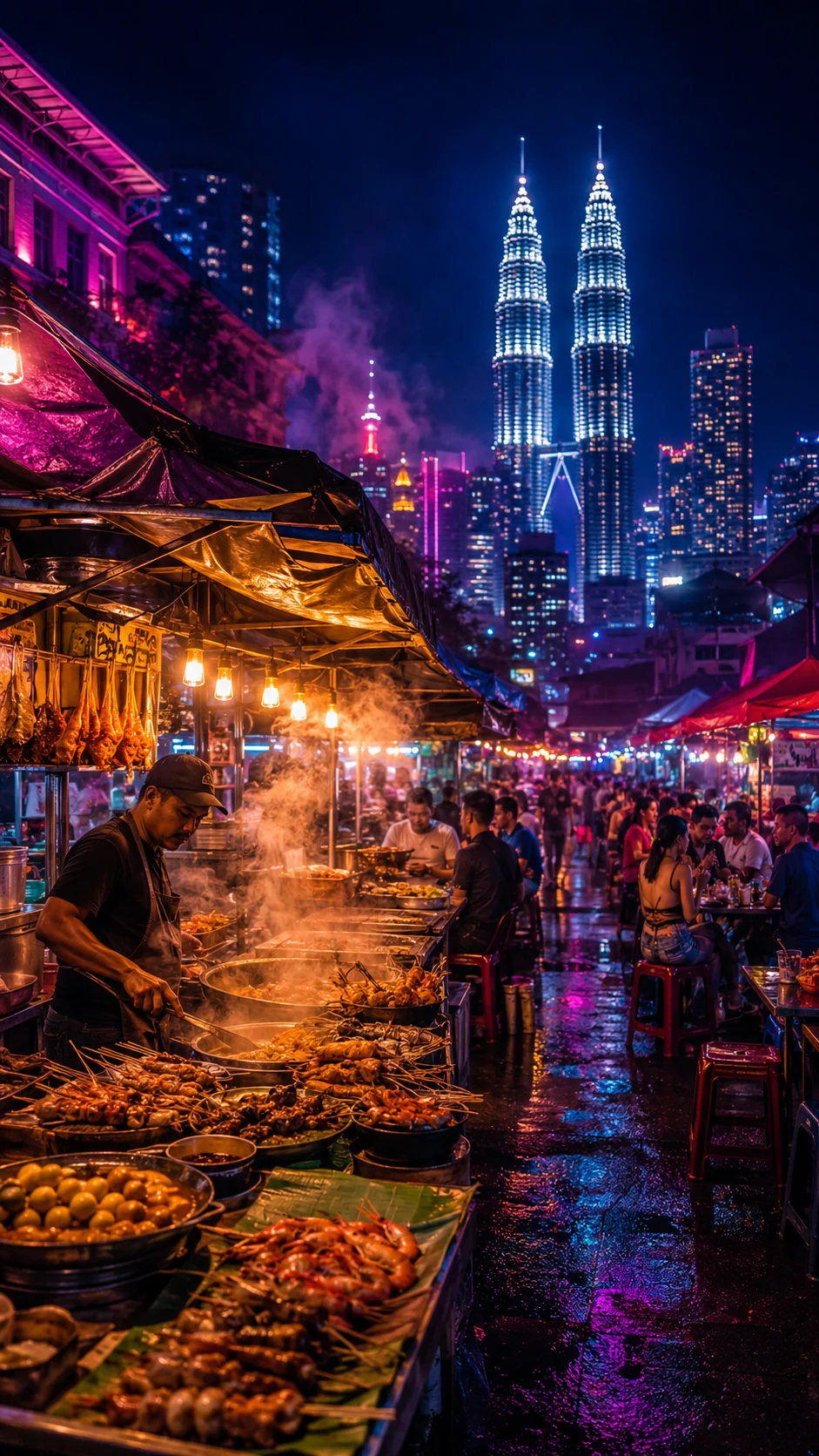 Malaysian street food market glowing with golden lights