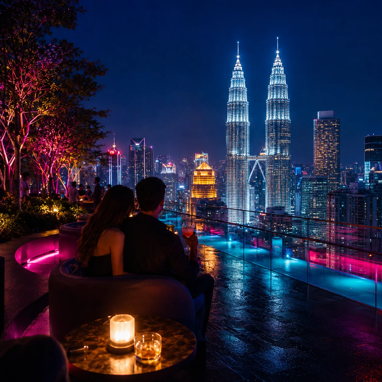 Traveler watching Kuala Lumpur neon skyline from a rooftop bar
