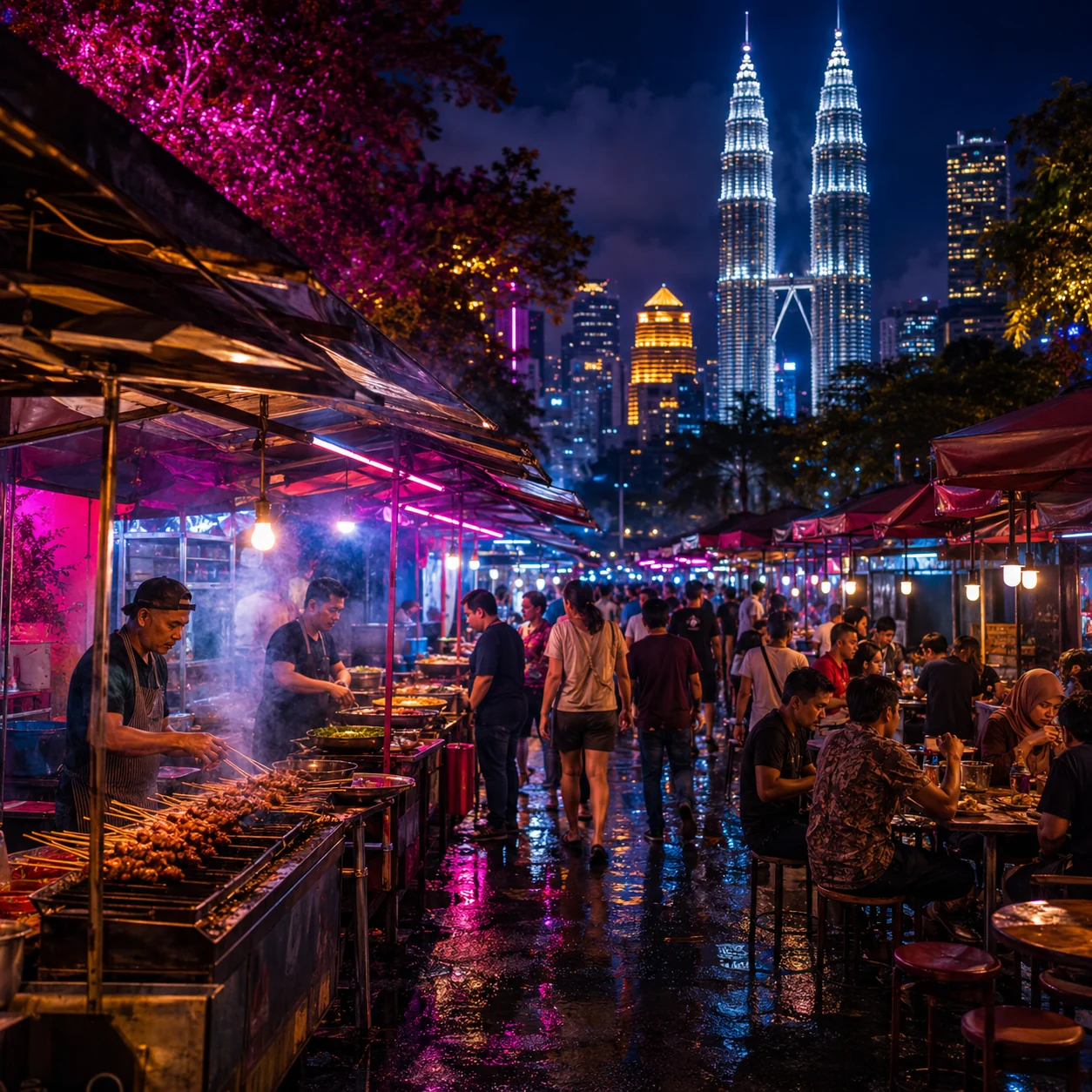 Kuala Lumpur night market street food under pink neon lights