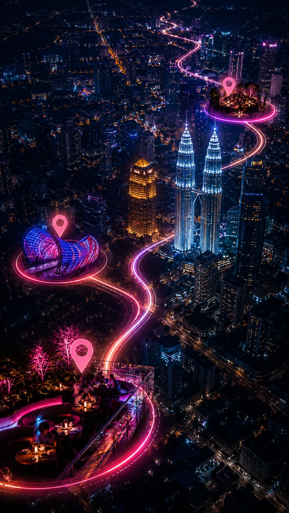 Interactive map-style neon route through Kuala Lumpur nightlife districts